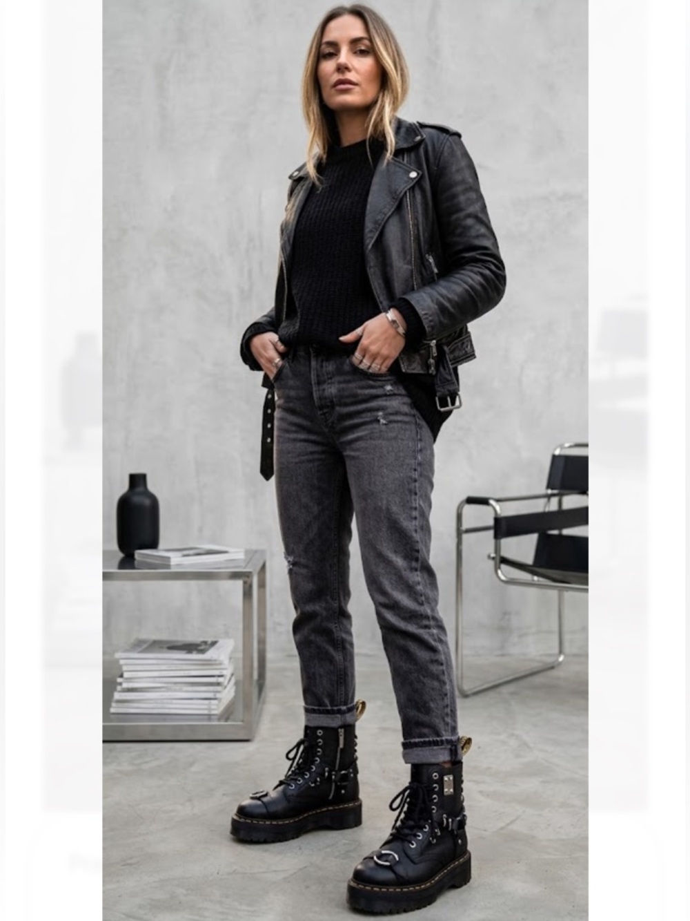 Dr. Martens Black Leather Lug-Soled Combat Boots with Silver Ring Hardware
